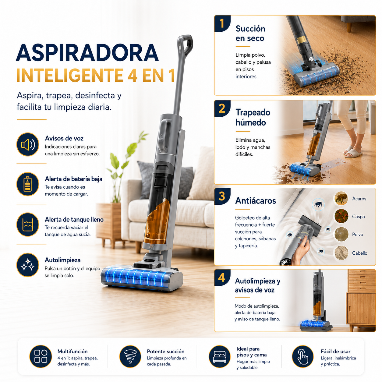 Aspiradora Trapeadora Inalámbrica Inteligente 4 en 1